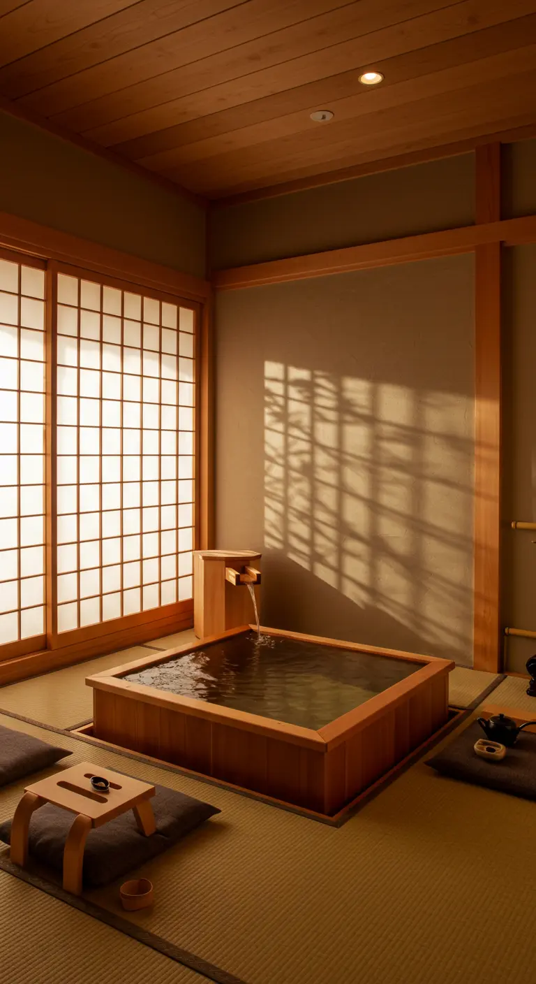 Badkamer met houten bad, shoji-schermen, tatami-matten en lage zitjes.