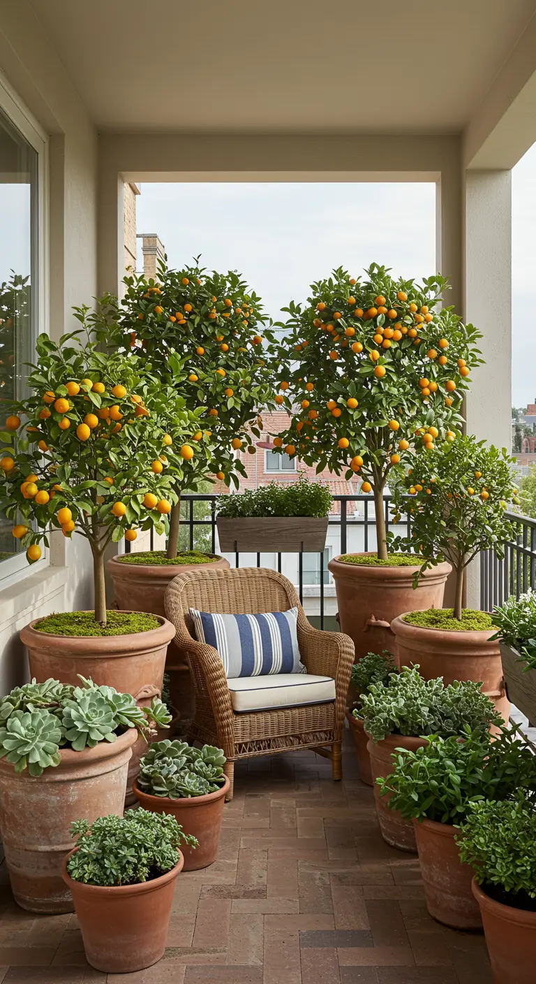 Balkon met grote potten met sinaasappelboompjes en een rotan stoel.