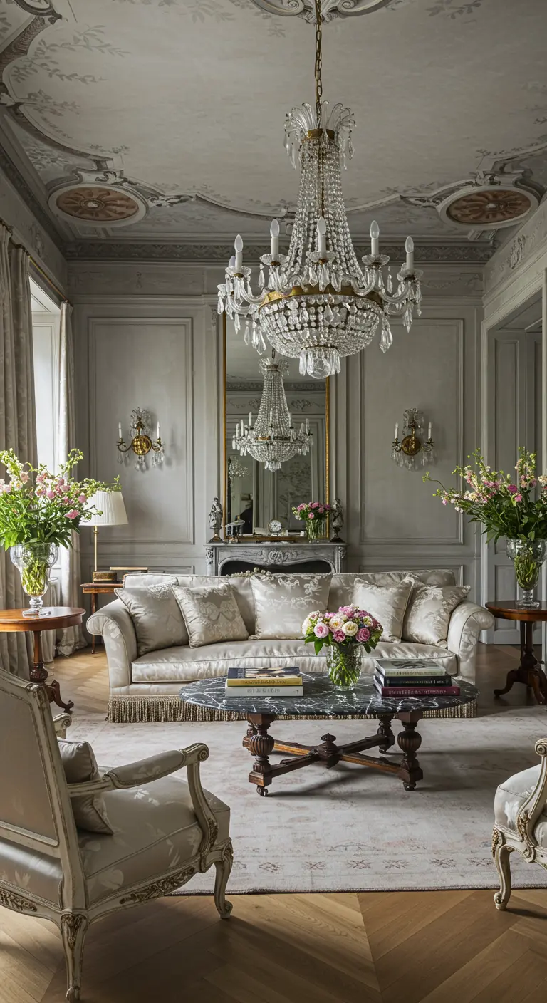 Grandioze woonkamer met sierlijk plafond, kristallen kroonluchter en bloemen