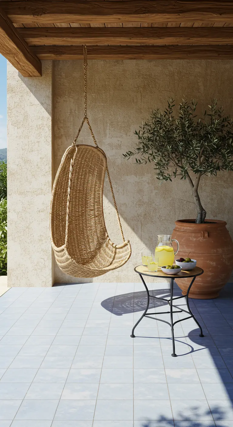 Rotan hangstoel op een mediterraan terras met een olijfboom in een terracotta pot.