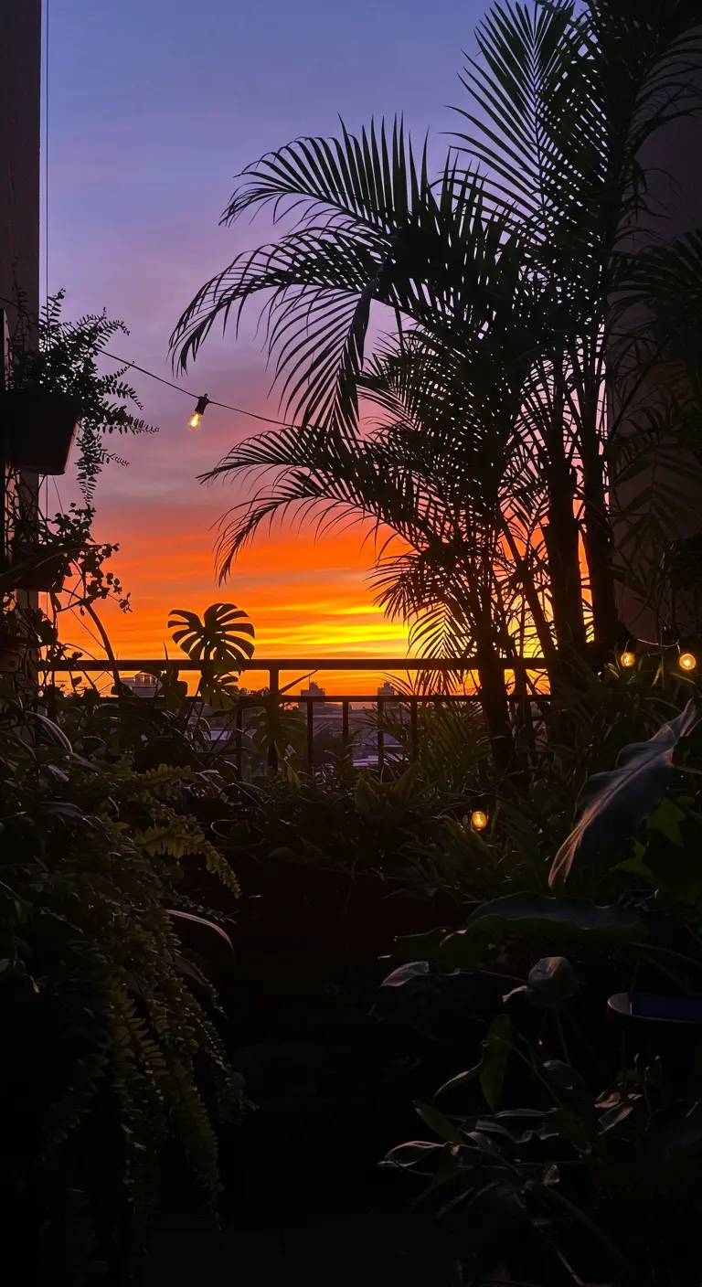 Silhouetten van palmbomen en planten op een balkon tegen een kleurrijke zonsondergang.