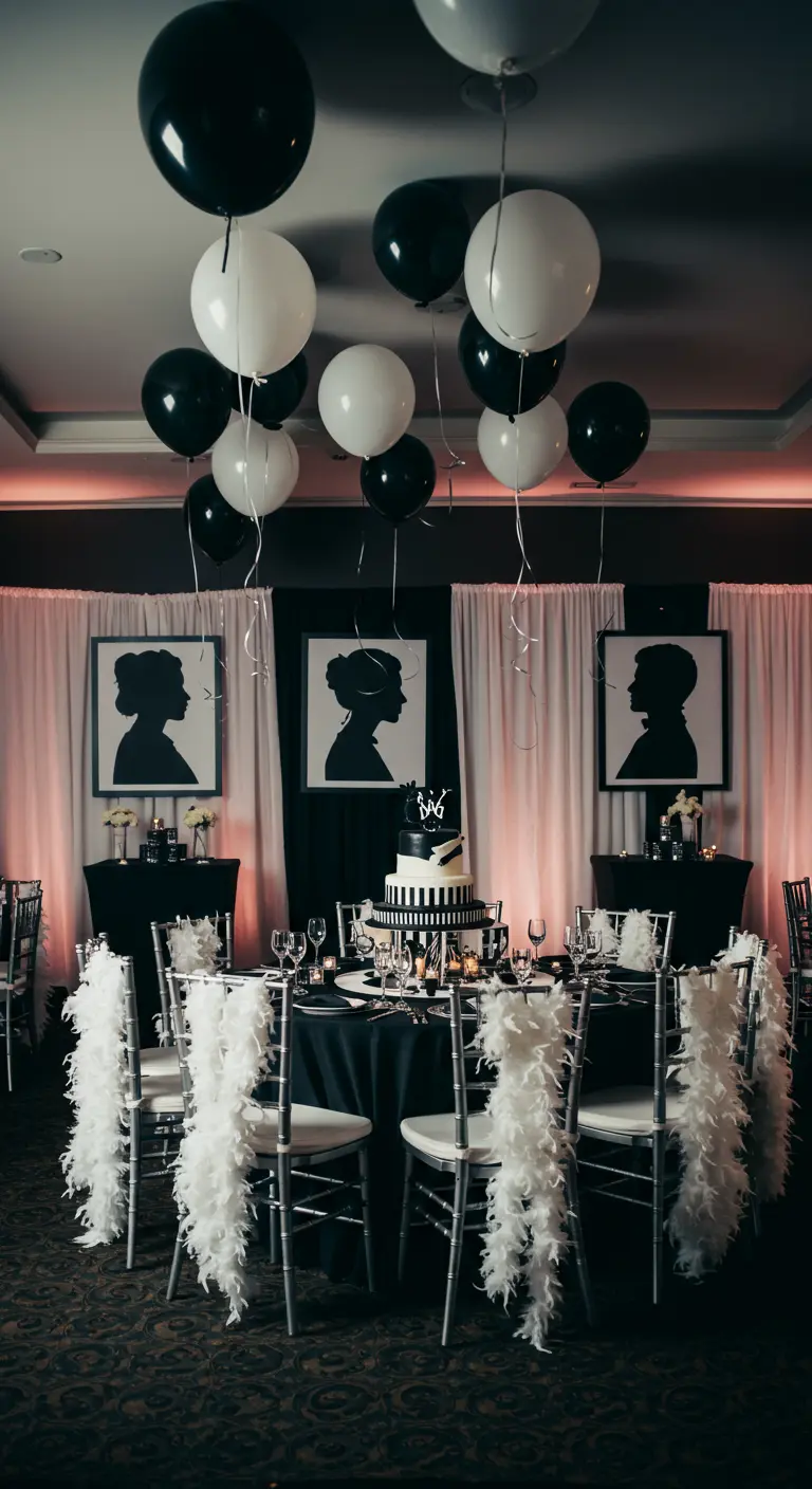 Chique feestzaal met silhouet-portretten en verenboa's aan de stoelen.