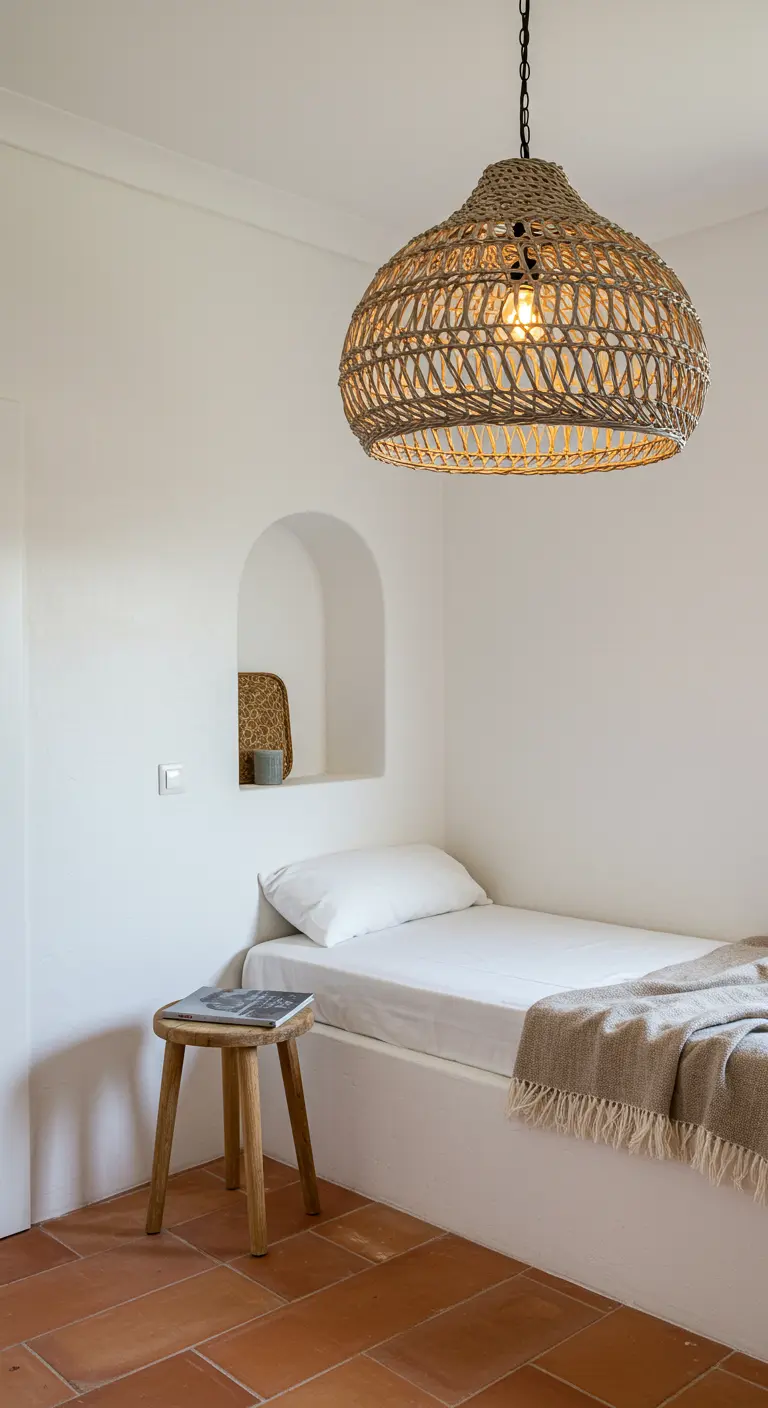 Kleine, witte slaapkamer met een ingebouwd bed in een nis en een grote geweven hanglamp.