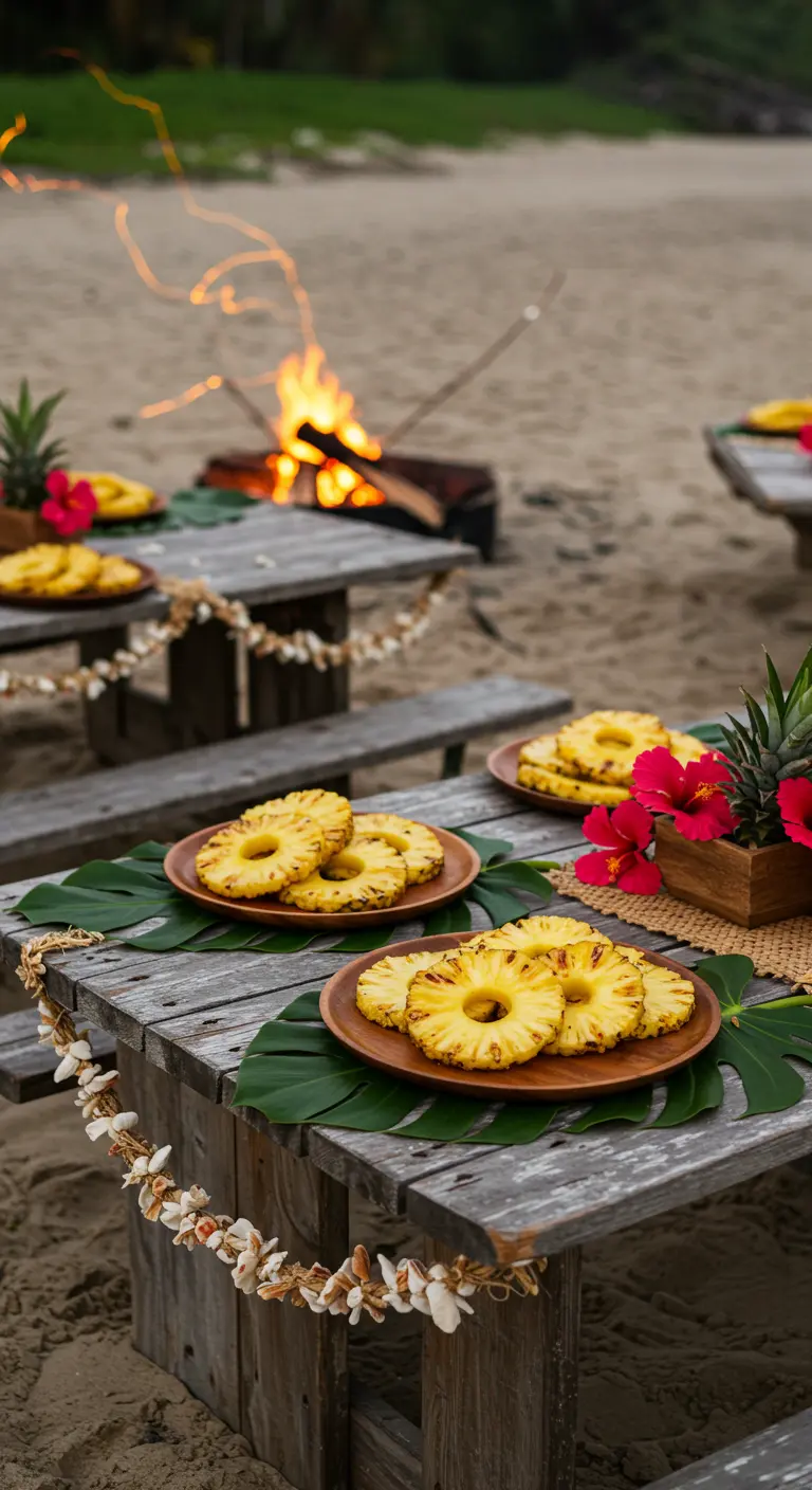 Houten picknicktafels op het strand met ananasschijven en een kampvuur.