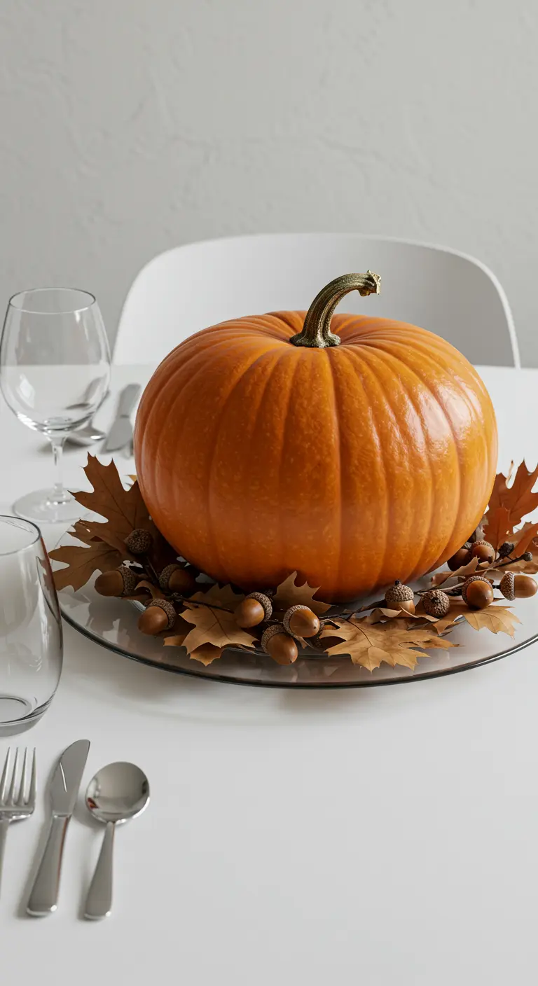 Grote oranje pompoen op een glazen schaal met eikels op een witte tafel.