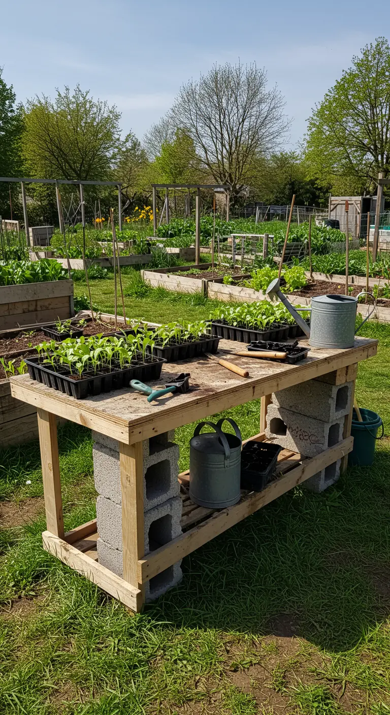 Eenvoudige werktafel van een houten deur op gestapelde betonblokken in een moestuin.