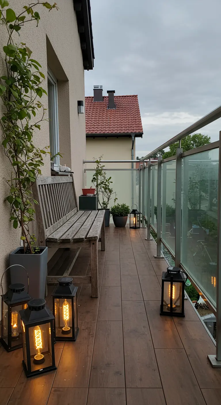 Modern balkon met houten bank, strakke lantaarns met Edison-lampen en een klimplant.