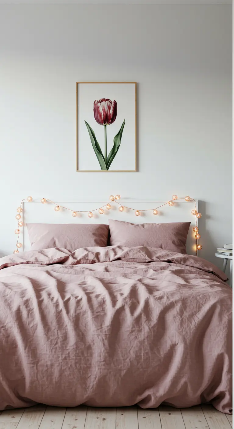 Witte slaapkamer met oudroze beddengoed, een lichtsnoer om het hoofdeinde en een tulpenposter.