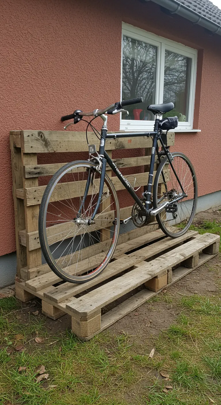 Fietsenstalling gemaakt van drie onbehandelde houten pallets tegen een rode muur.