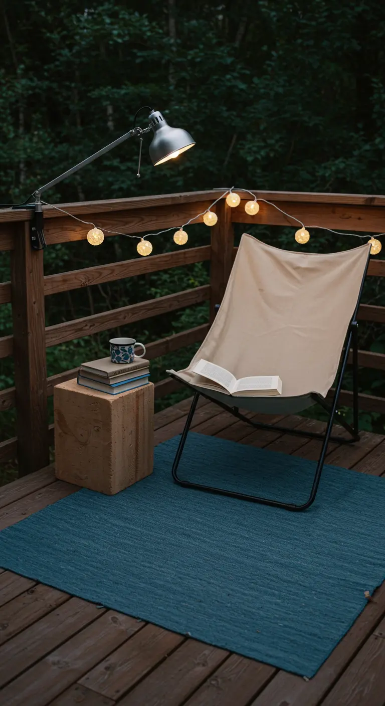 Eenvoudige leesstoel op een houten vlonder met een leeslamp die aan de reling geklemd is.