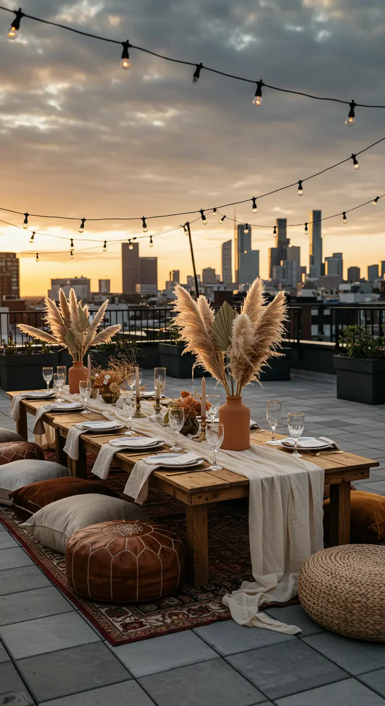 Dakterras met lage houten tafel, kussens op de grond en uitzicht op de stad bij zonsondergang.