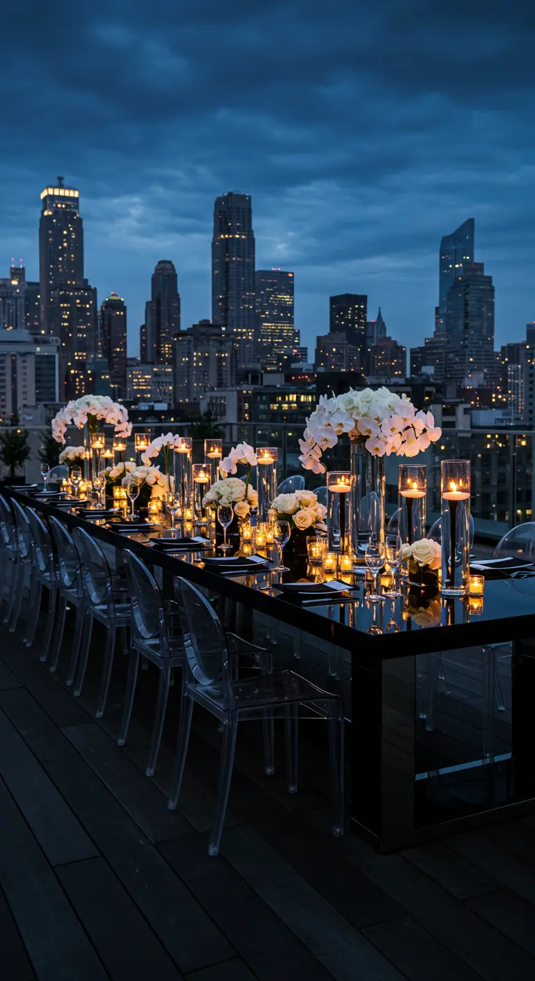 Lange, zwarte glanzende tafel op een dakterras met uitzicht op een verlichte skyline.
