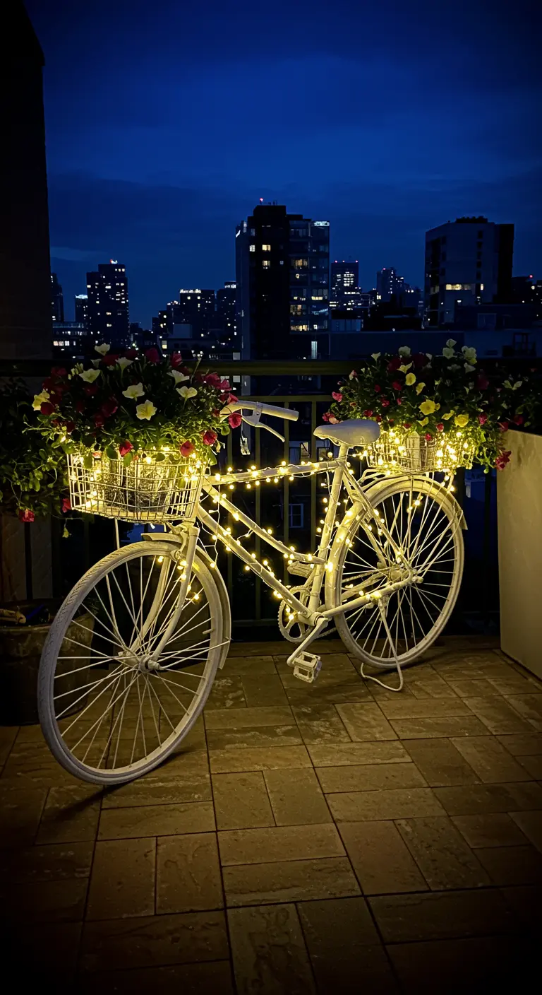 Witte fiets op een dakterras bij nacht, verlicht met lichtslingers en omringd door bloemen.