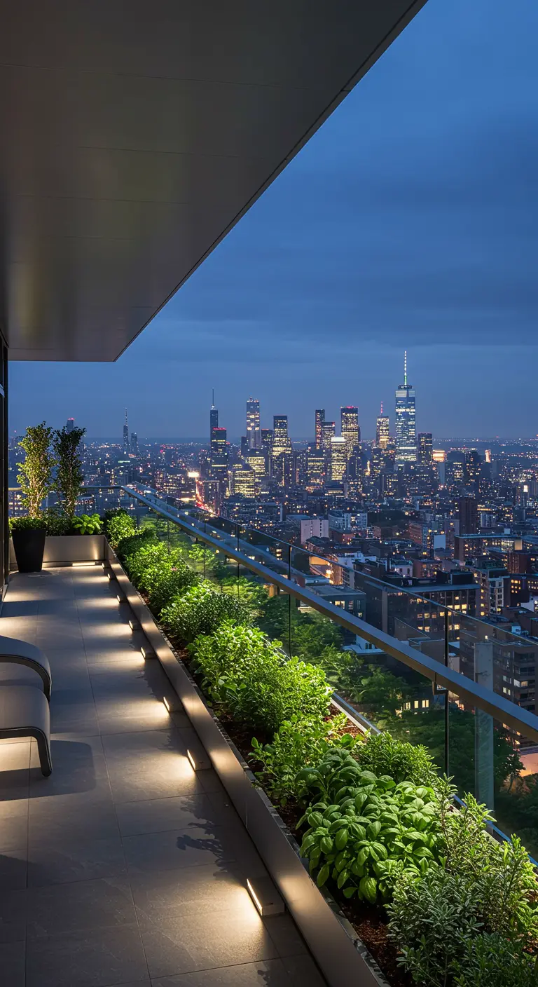 Modern balkon met lineaire plantenbakken vol kruiden en planten, met uitzicht op een stadsskyline.
