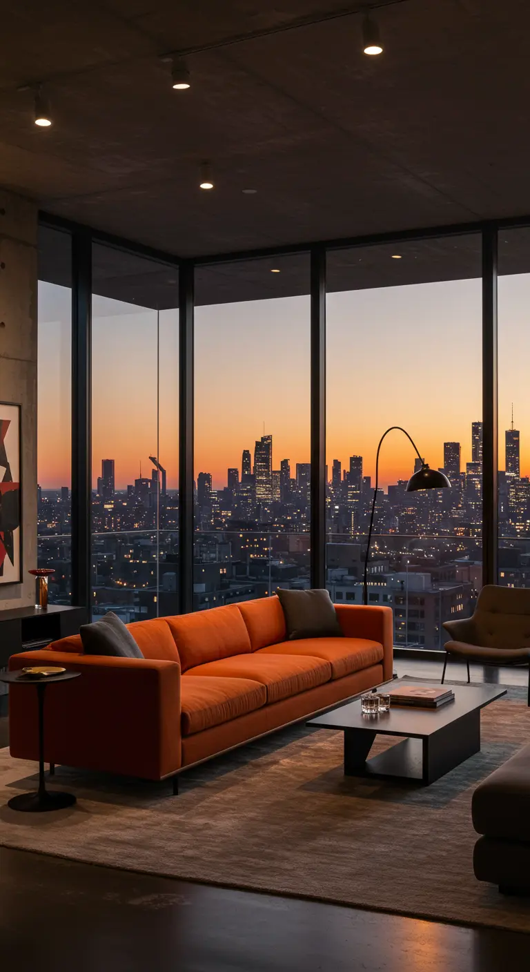Moderne woonkamer met oranje bank en panoramisch uitzicht op skyline bij zonsondergang.