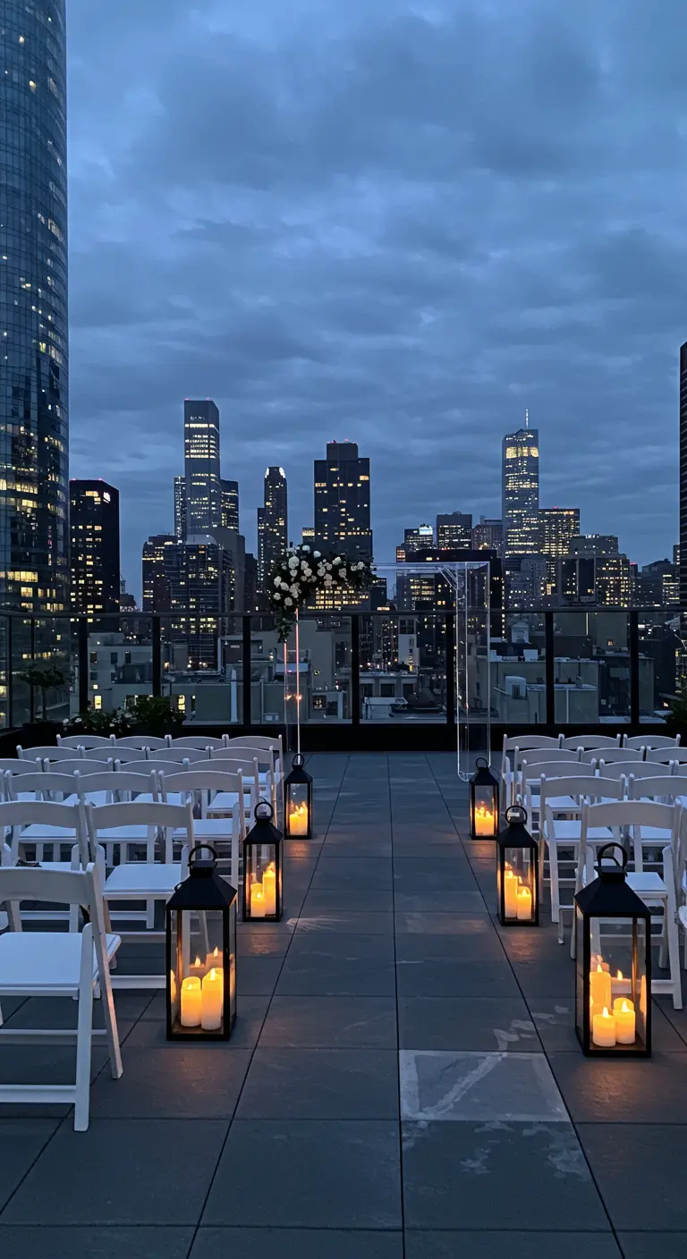 Ceremonie op een dakterras 's avonds, met lantaarns langs het gangpad en een skyline.