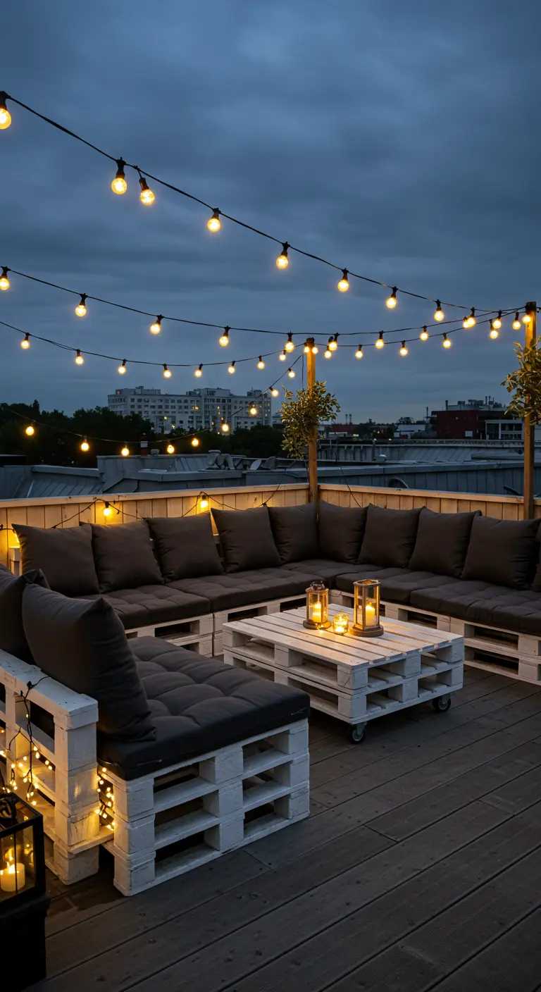Witgeschilderde pallet loungebank op dakterras met sfeervolle lichtslingers en kaarsen.
