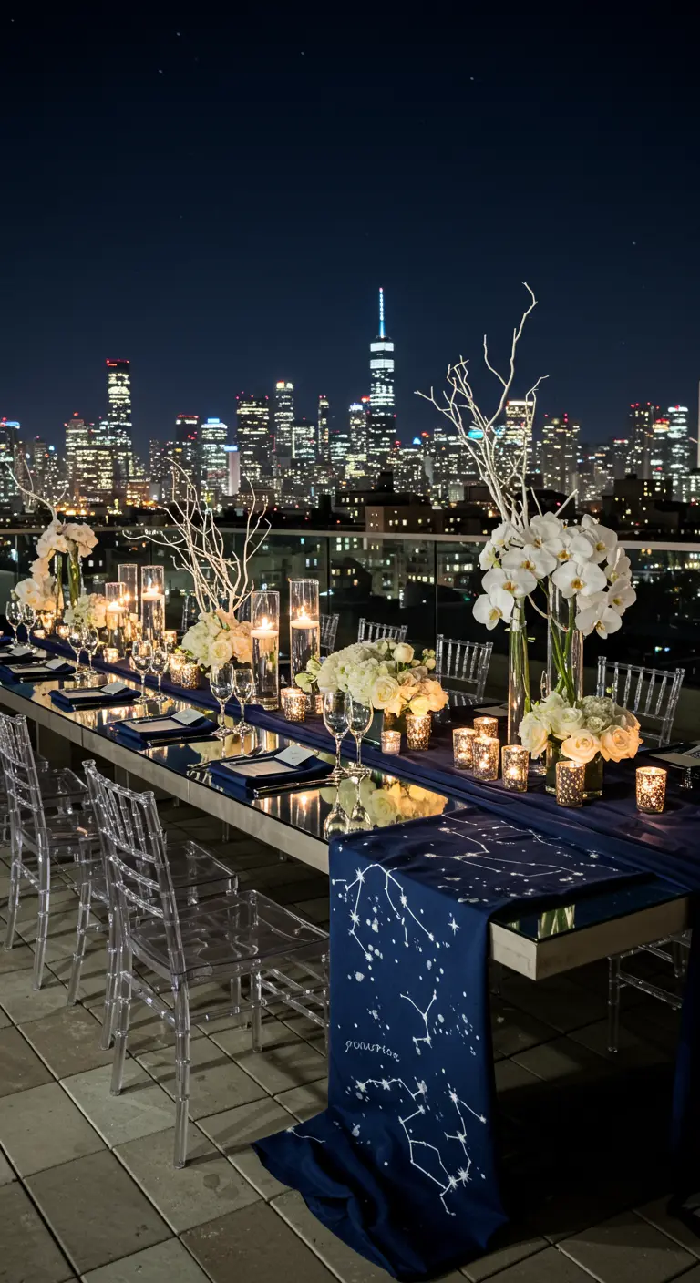 Dakterras met dinertafel en spiegelend blad, met uitzicht op een verlichte skyline.