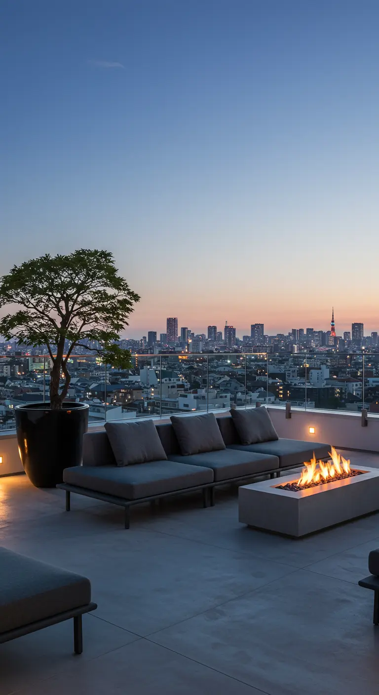 Modern dakterras met loungebank, vuurtafel en uitzicht op de stad Tokyo bij schemering.