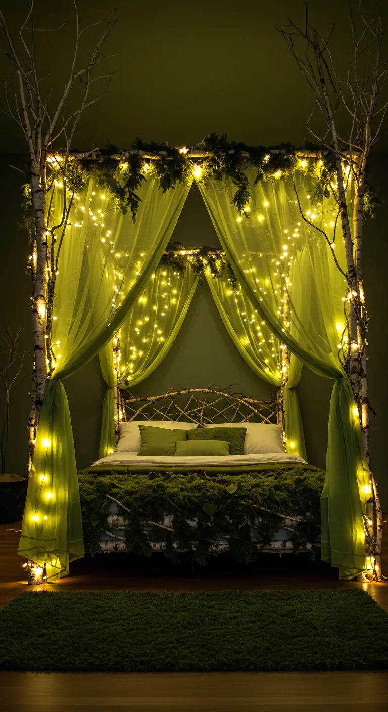 Hemelbed gemaakt van berkenstammen, versierd met groene doeken en lichtjes.