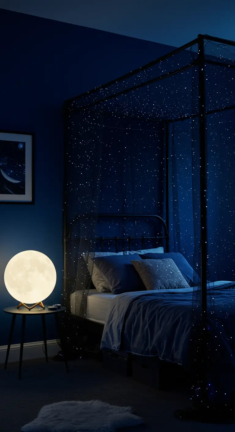 Donkerblauw hemelbed met een tule vol kleine lichtjes die lijken op sterren.