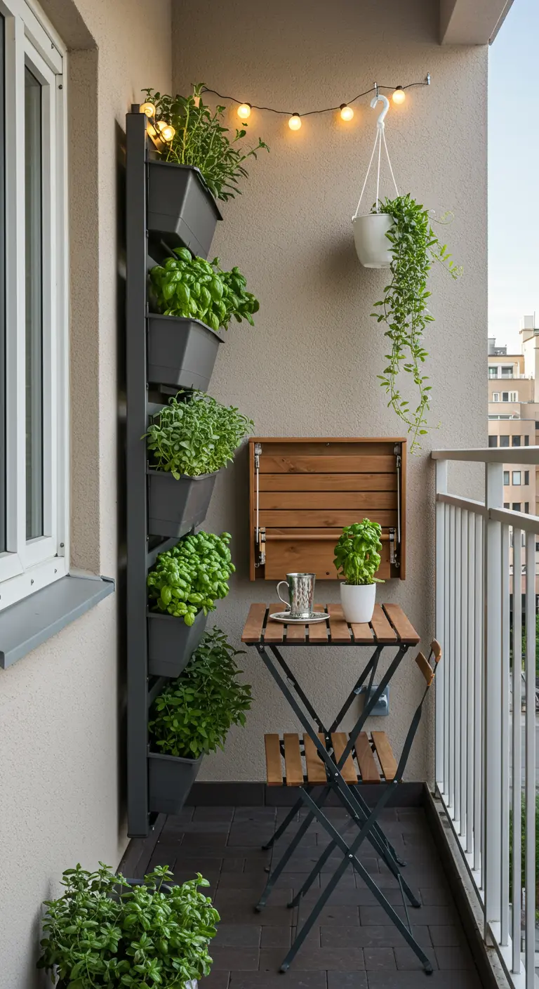 Smalle balkonruimte met verticale plantentoren vol kruiden en een opklapbaar houten tafeltje.