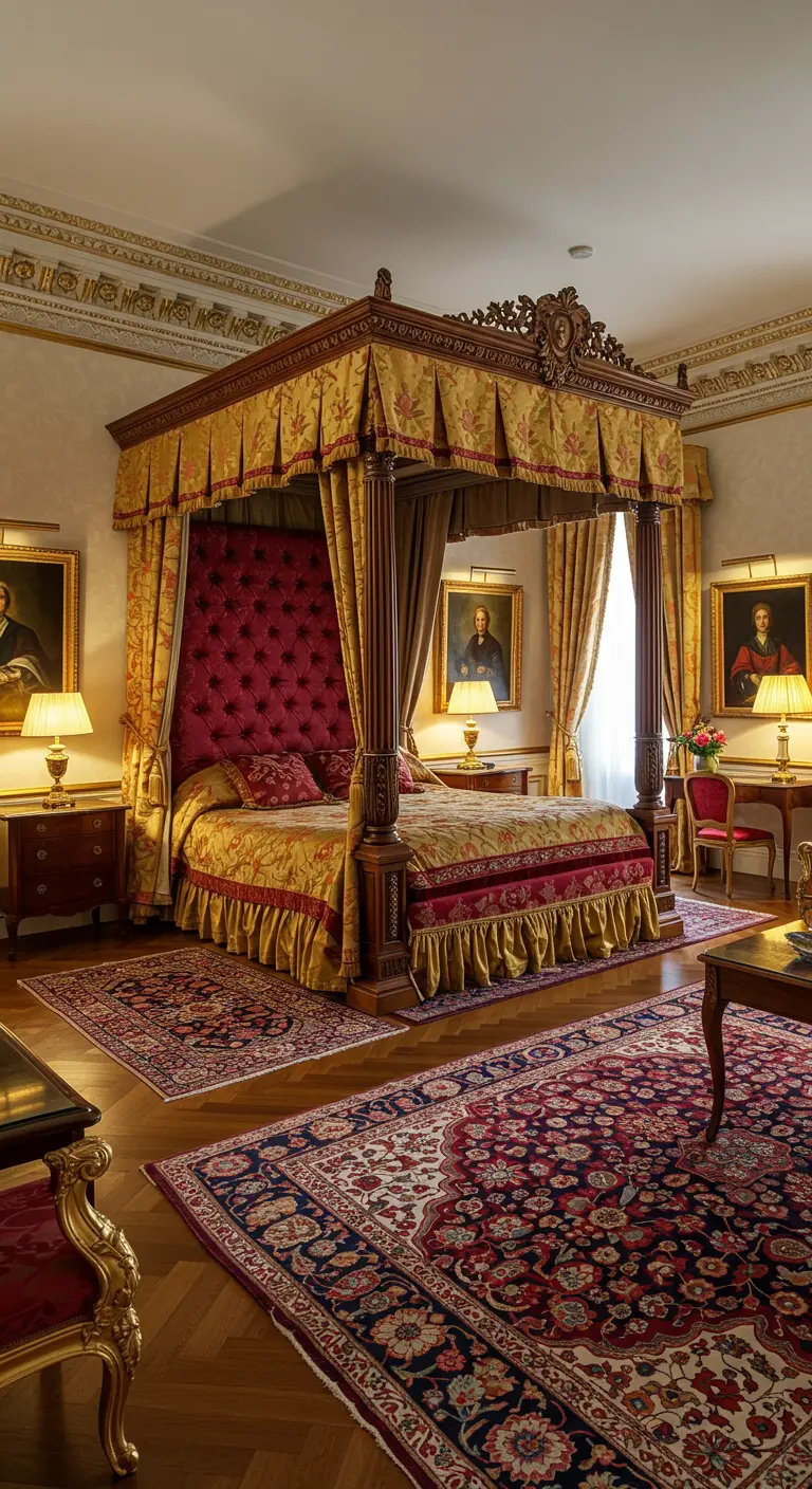 Klassieke slaapkamer met een groot houten hemelbed, een rood gecapitonneerd hoofdbord en goudgele stoffen.