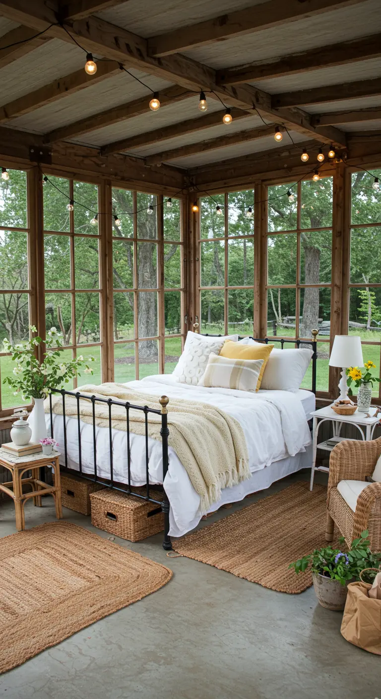 Serre slaapkamer met veel ramen, houten balken, een zwart metalen bed, en slingerlichtjes.