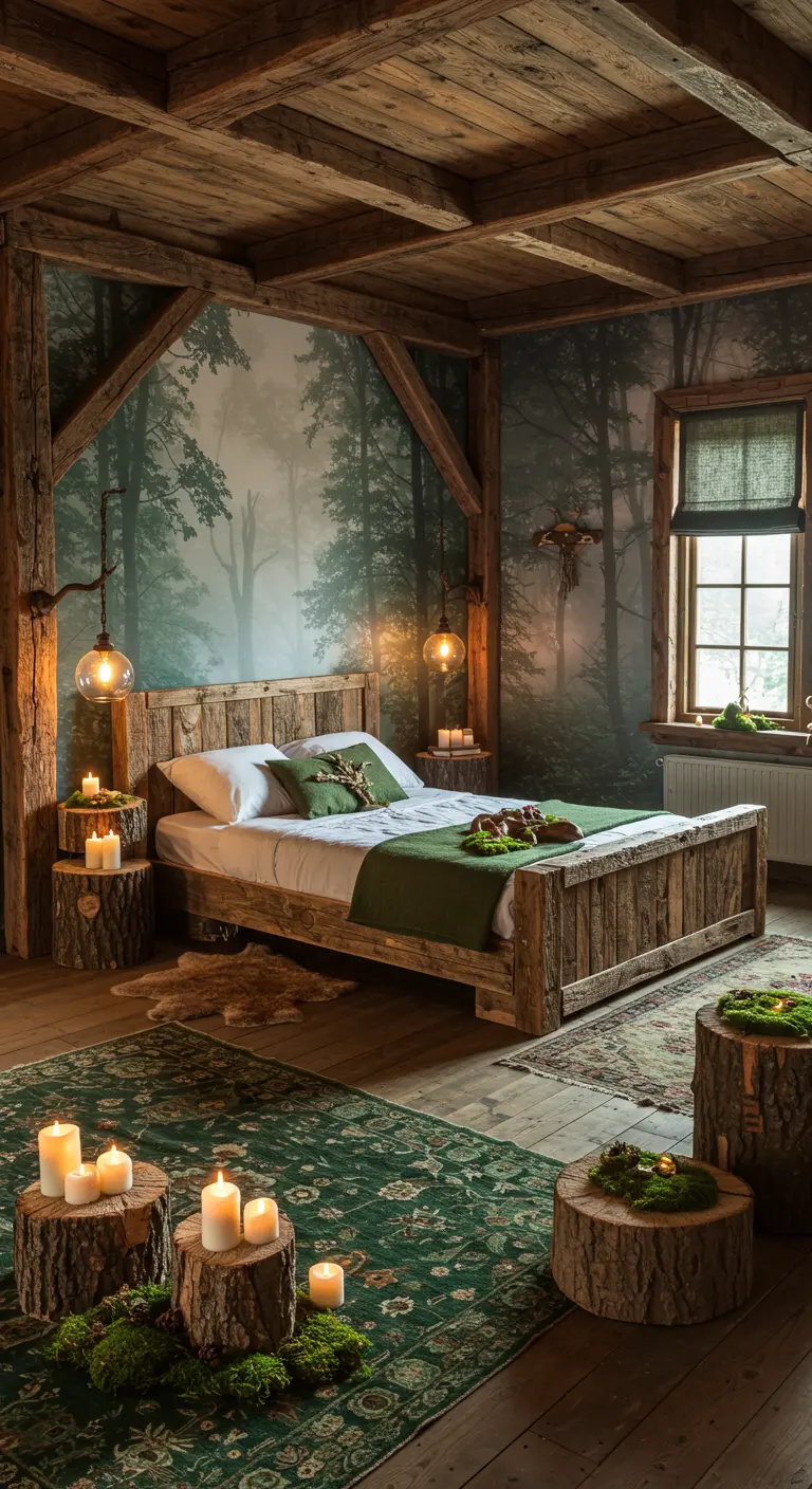 Rustieke slaapkamer met een fotobehang van een bos, een houten bed en boomstronken als nachtkastjes.
