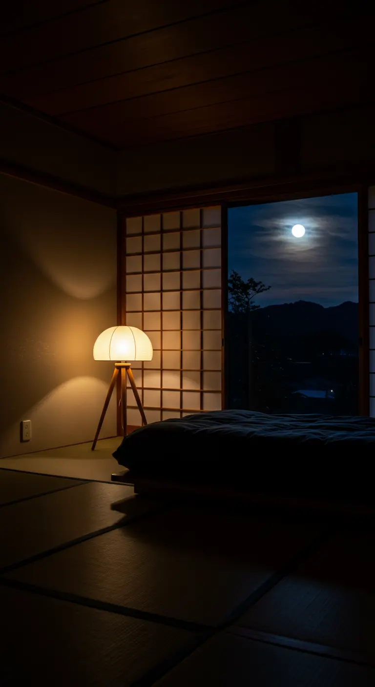 Donkere slaapkamer met tatami-matten en een bed dat uitkijkt op een nachtelijk landschap met een volle maan.