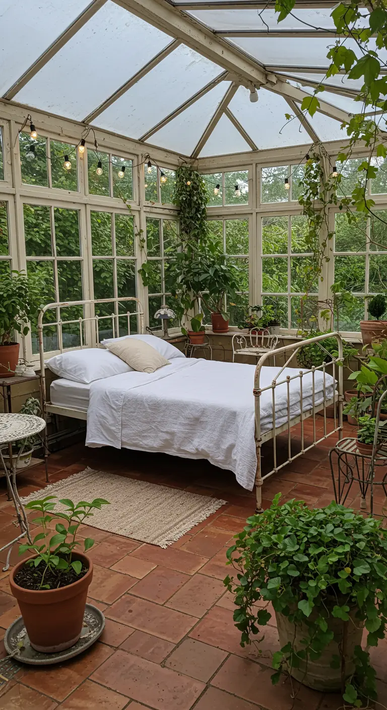Slaapkamer in een kas vol groene planten en terracotta potten.