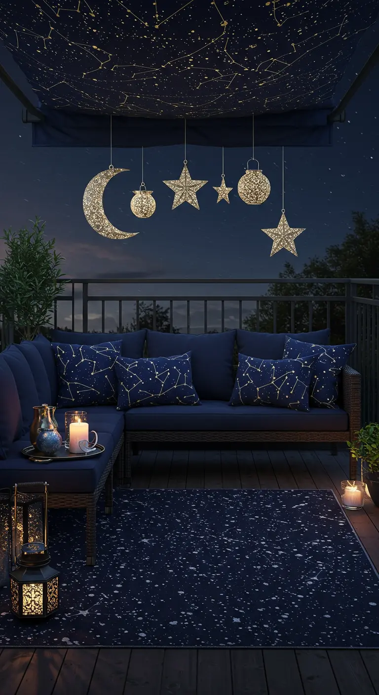 Nachtelijk balkon met een donkerblauw sterrenthema op doek, kussens en kleed.