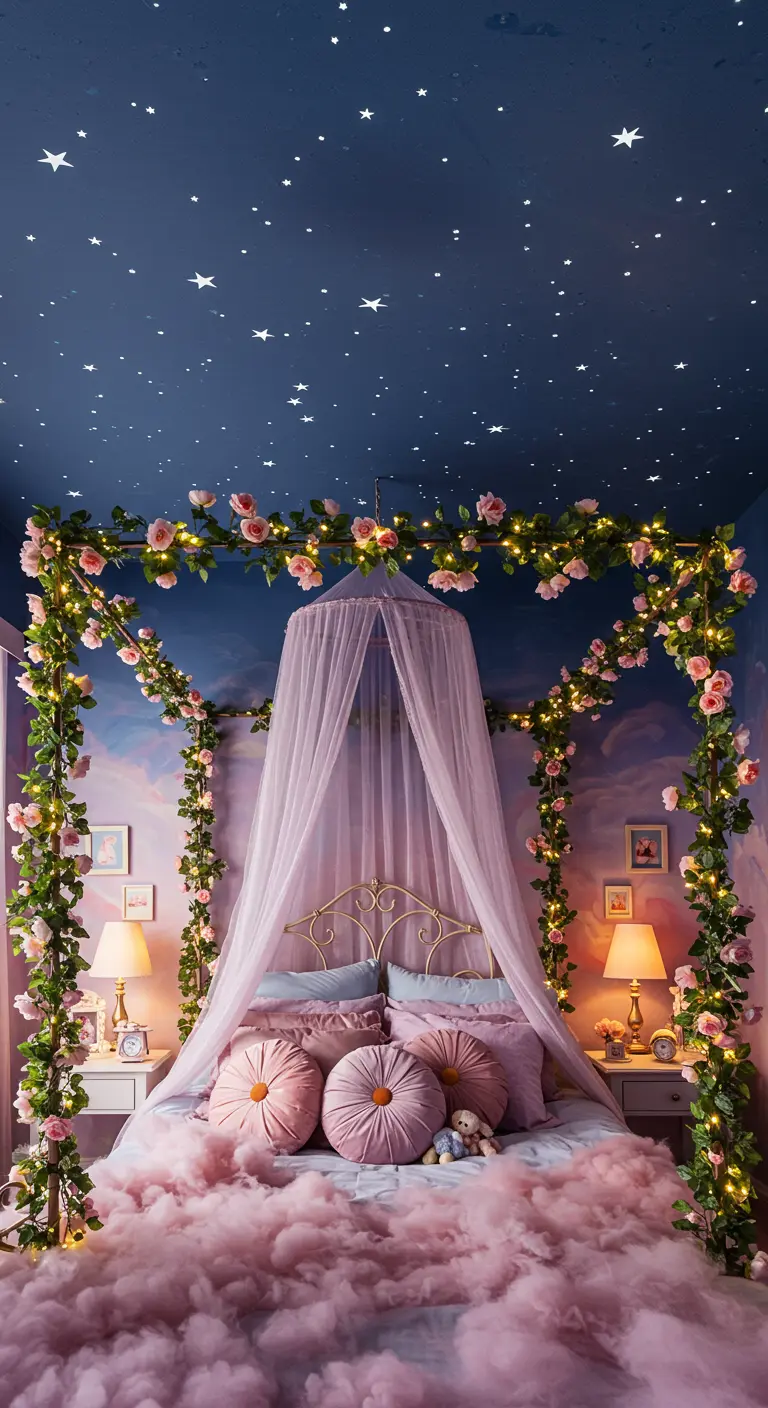 Magische slaapkamer met een sterrenhemelplafond, roze bloemenslingers en een bed omgeven door wolken.