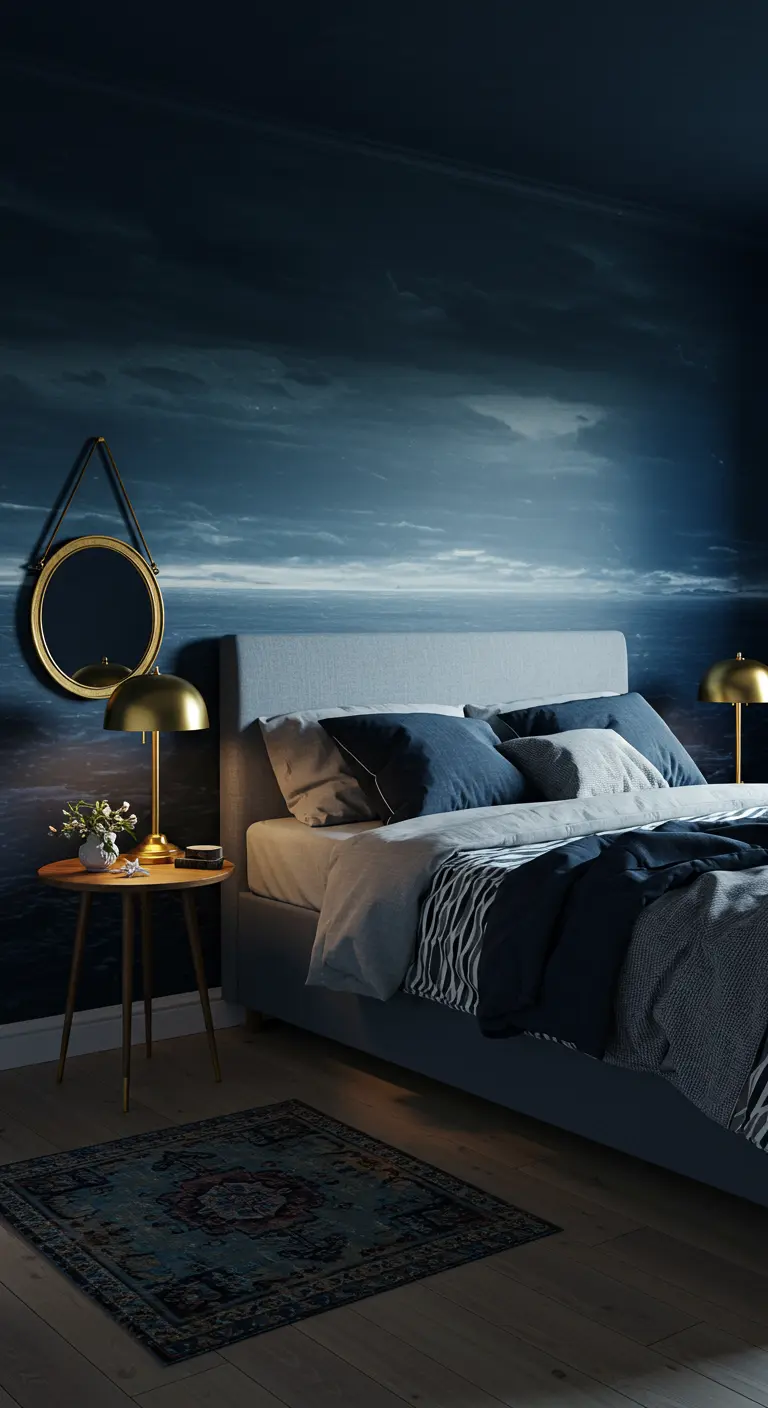Slaapkamer met een muurschildering van een nachtelijke zee, een rond gouden spiegeltje en gouden lampen.