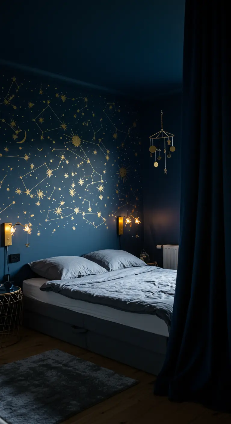 Donkerblauwe slaapkamer met gouden sterrenbeelden op de muur en fluwelen gordijnen.