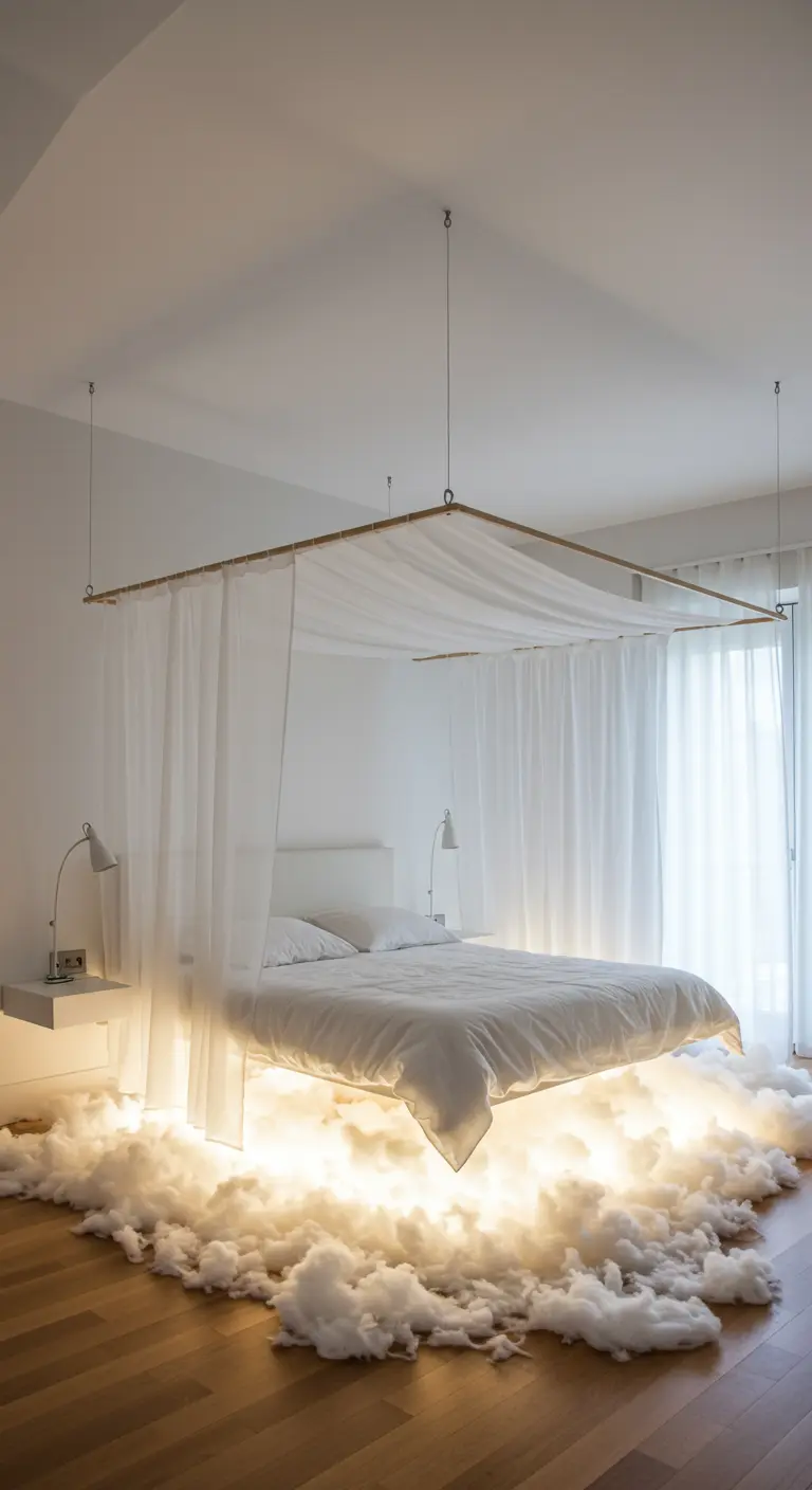 Zwevend bed omringd door een wolk van verlichte watten op de vloer.
