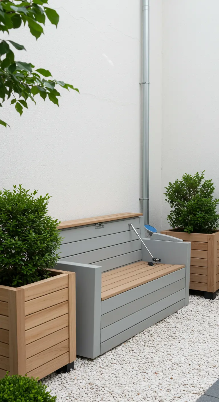 Grijze tuinbank met houten zitting die ook een verborgen regenton is.