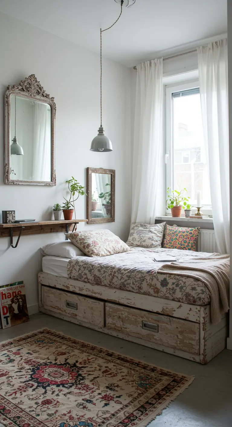 Kleine shabby-chic slaapkamer met daybed, opbergruimte en decoratieve spiegel.