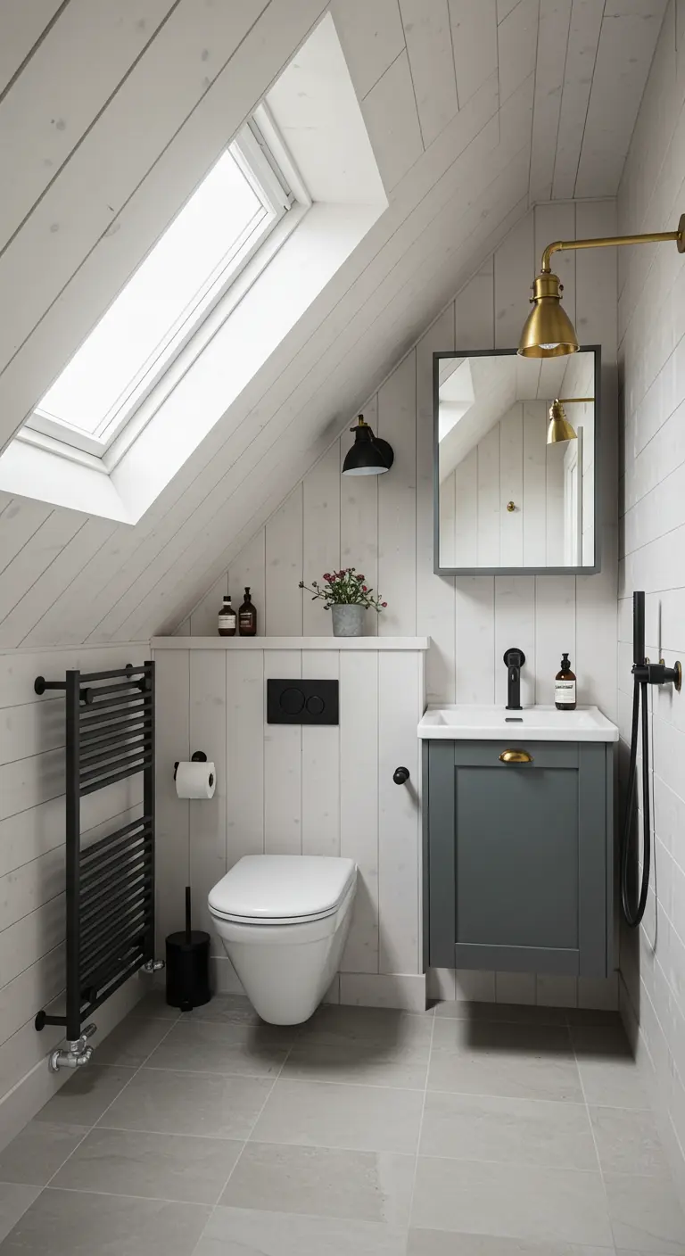 Zolderbadkamer met witte houten panelen, een schuin dak en een mix van zwarte en messing details.