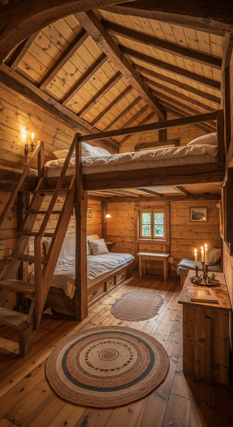 Houten slaapkamer met een ingebouwd stapelbed, houten ladder en een rond, geweven tapijt op de vloer.