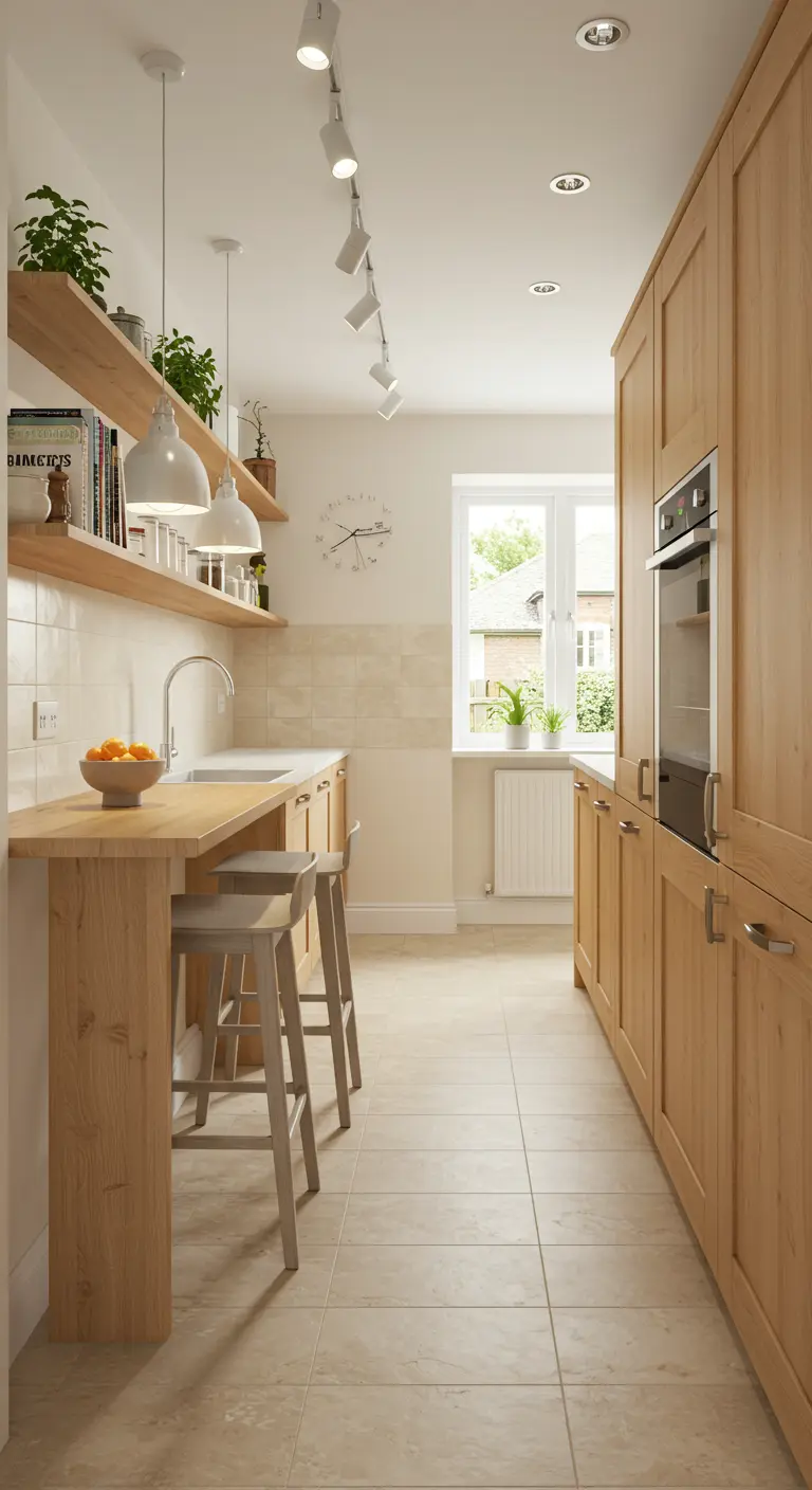 Smalle, lichte keuken met houten kasten, open planken en een bar-gedeelte