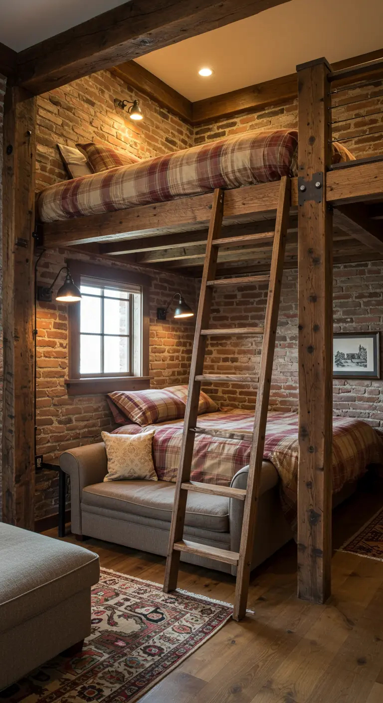 Rustieke slaapkamer met bakstenen muren, een houten hoogslaper met ruitjespatroon, en een bank eronder.