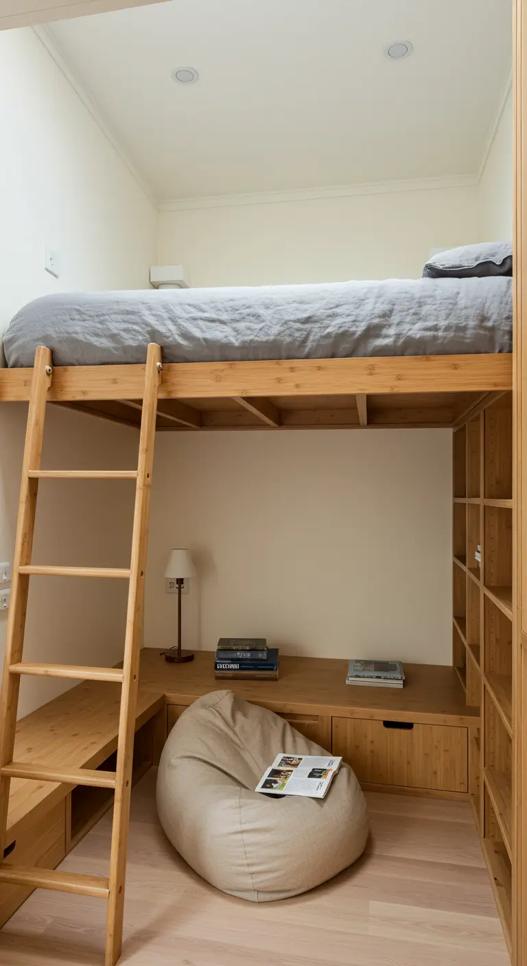 Compacte slaapkamer met een houten hoogslaper en een leeshoek eronder.