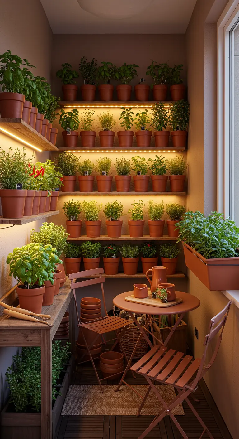 Balkon met wandplanken vol terracotta potten met kruiden, verlicht met LED-strips.