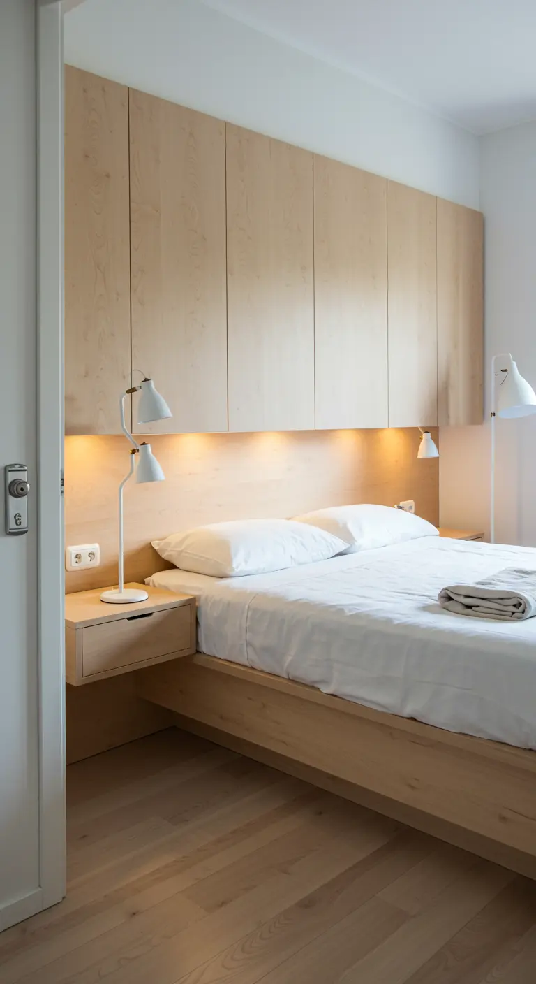 Slaapkamer met custom houten hoofdbord, ingebouwde kasten en zwevende nachtkastjes.