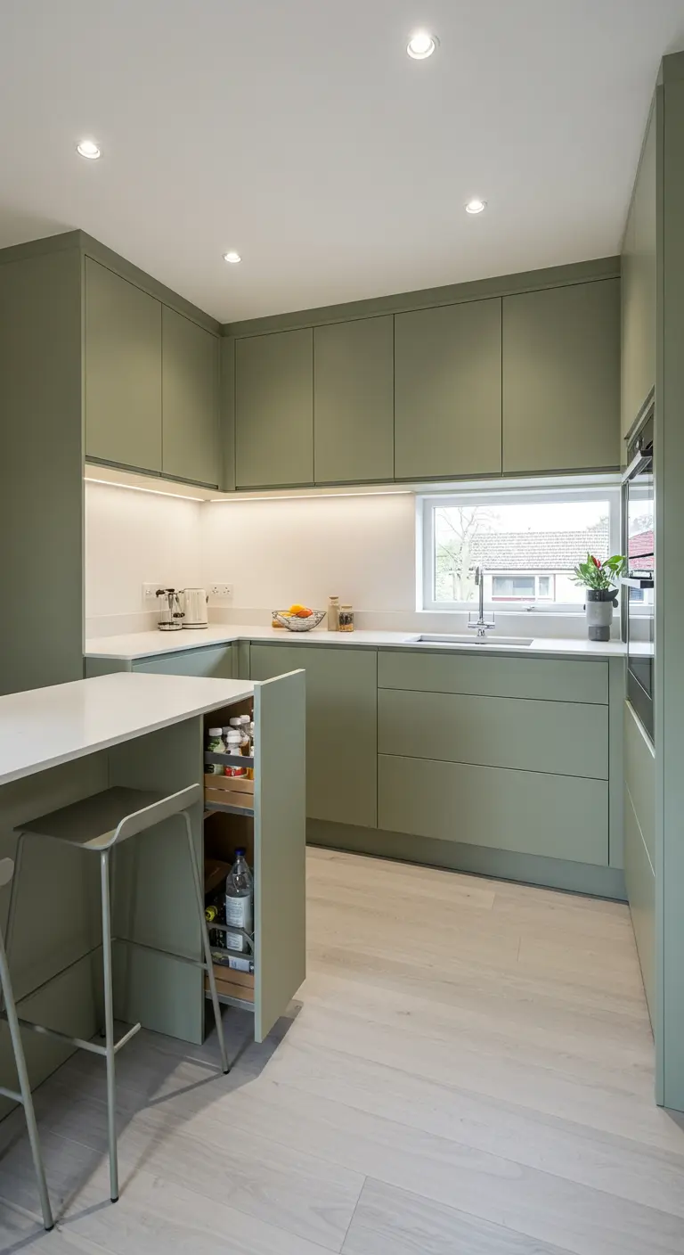 Olijfgroene keuken met een compact eiland dat dient als bar en slimme ingebouwde opslag