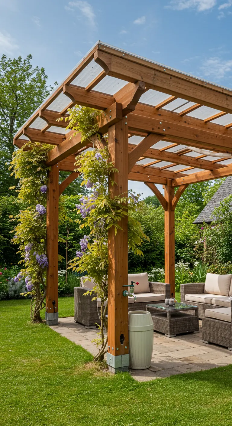 Houten pergola met een geïntegreerd systeem om regenwater op te vangen.