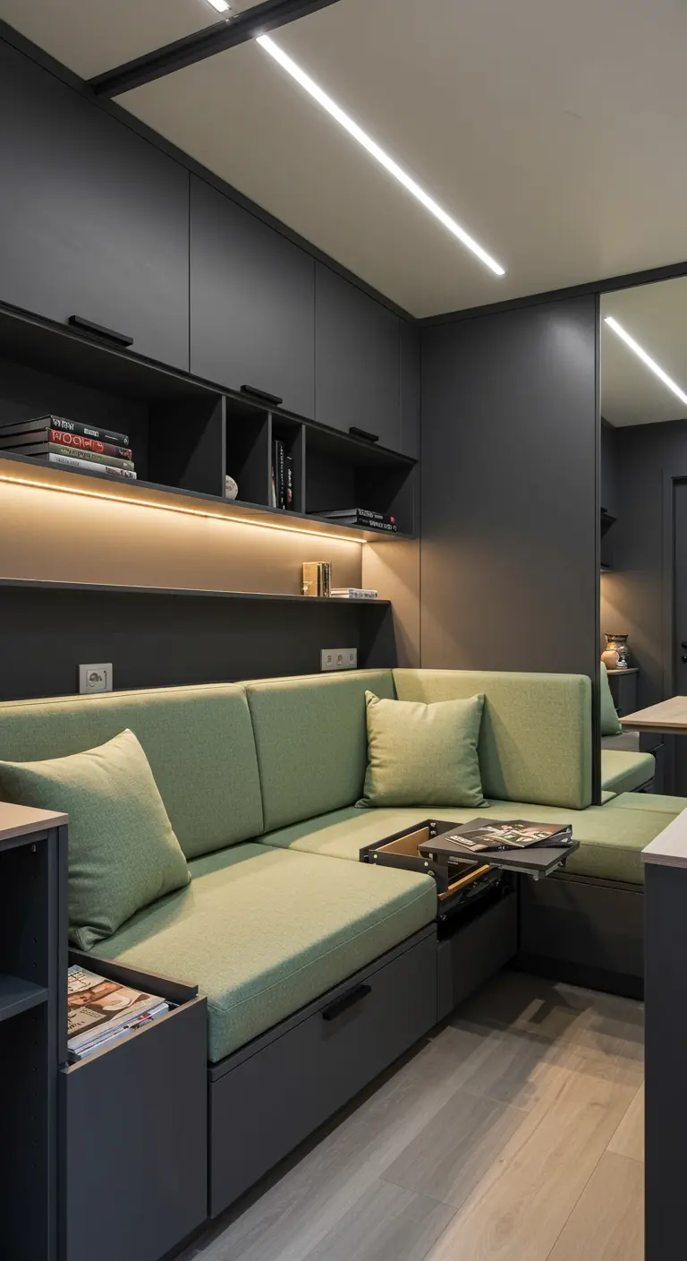 Compacte woonkamer met donkergrijze kasten, ingebouwde saliegroene bank en LED-verlichting