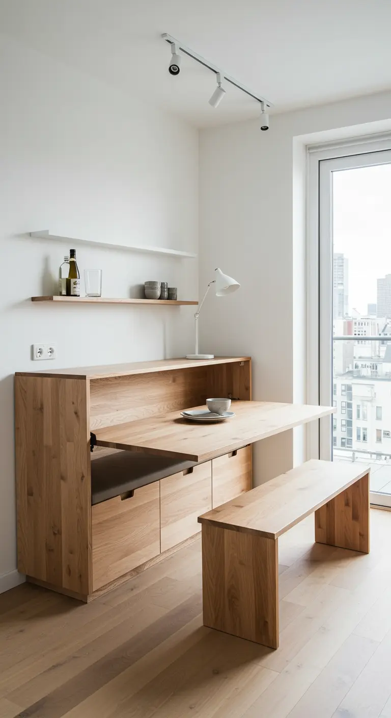 Kleine eethoek met inklapbare houten wandtafel en smalle bank.