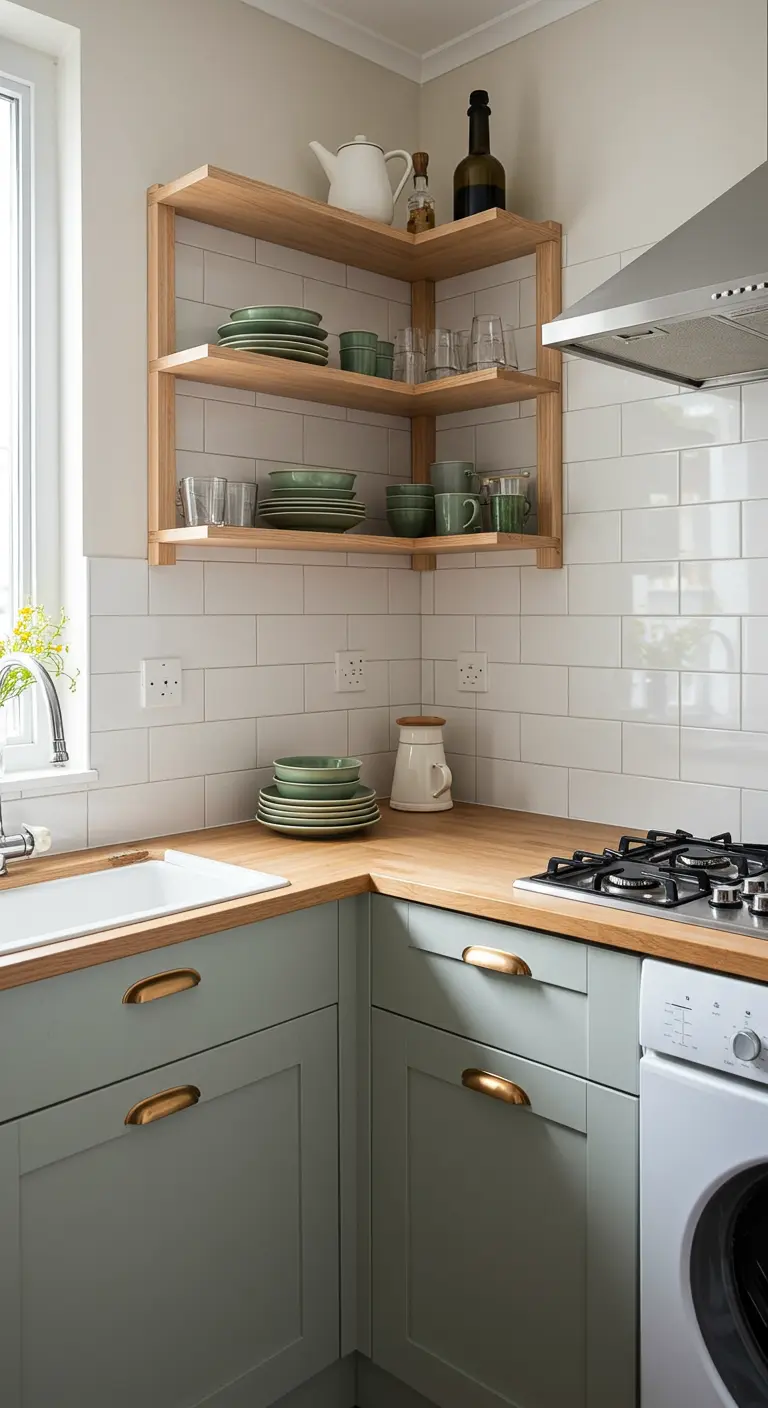 Keukenhoek met op maat gemaakte houten hoekplanken, gevuld met groen servies.